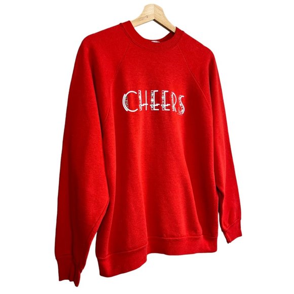Vintage 80s 90s Red Long Sleeve Pullover Red Graphic Cheers Sweatshirt Holiday L - Picture 2 of 7